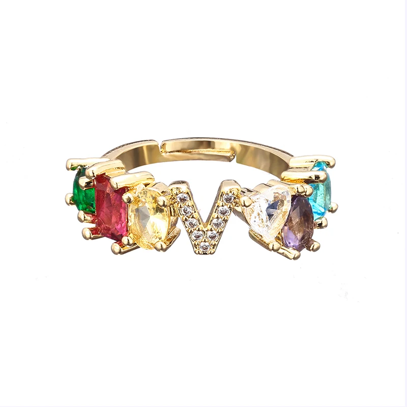 Женская Золотая буква алфавита кольцо цирконы ребенок имя регулируемое кольцо красочное кристаллическое кольцо Рождественский подарок для семьи - Цвет основного камня: V