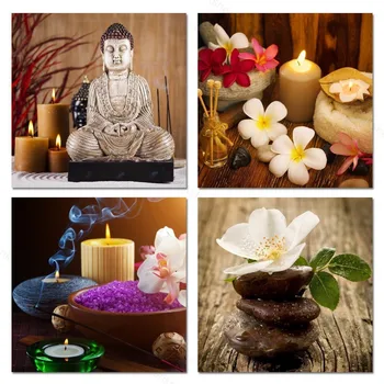 

Modern Hd 4 Piece Canvas Print Poster Zen Flower Stone Thai Buddha Canvas Picture Board Print Artist Residence Decoration