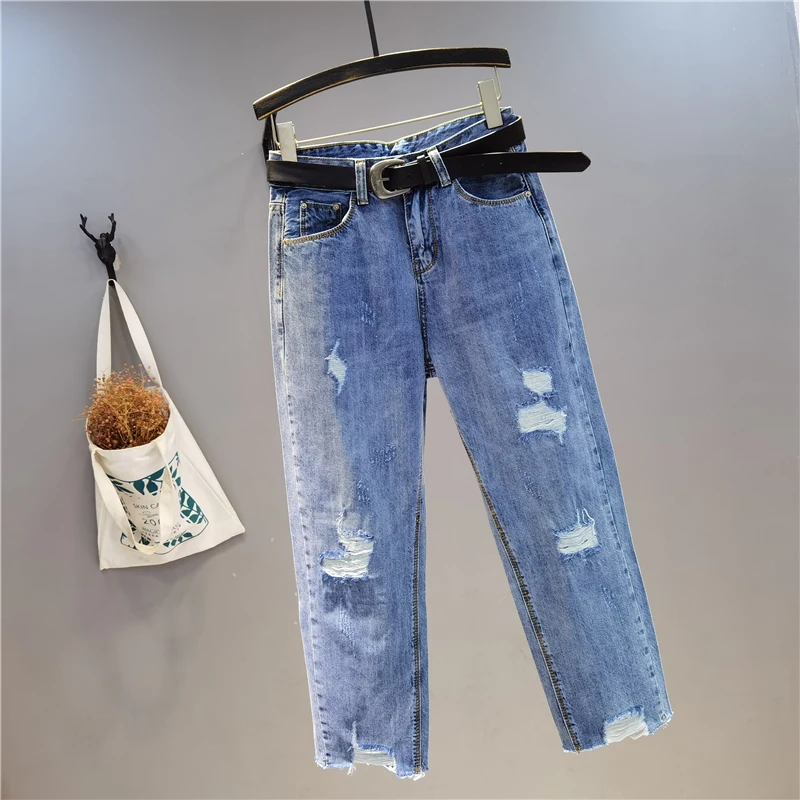 Spring New Fashion Fringed High-Waist Jeans for Women Super Fire Ripped-Style Mom Jeans Simple Village Jeans