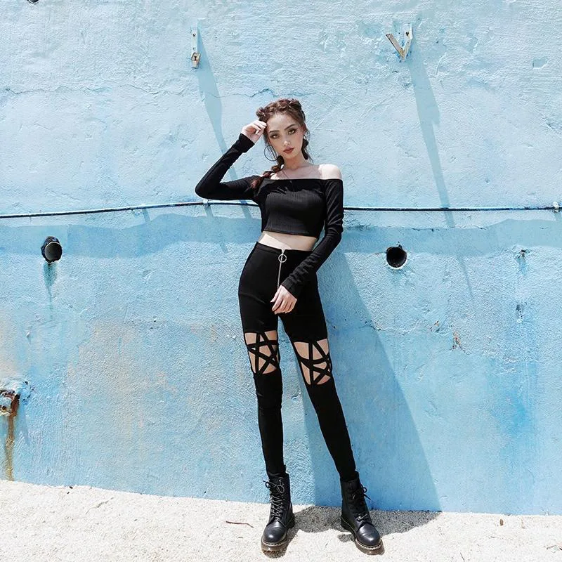 

YZBZJC Punk street dark Style Female Pants High Waist Tight-fitting Ribbon Pentagram Hollow Zipper Casual Women Trousers