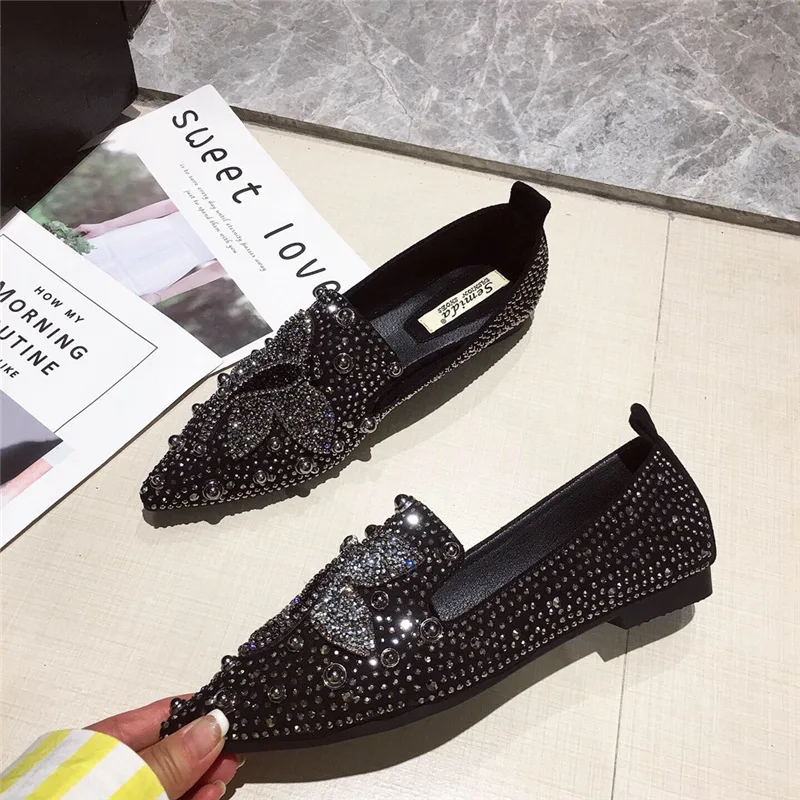 Bling Для женщин Стразы Женская обувь на плоской подошве Мокасины острый носок слипоны Лоферы для удобного вождения обувь женская обувь zapatos mujer