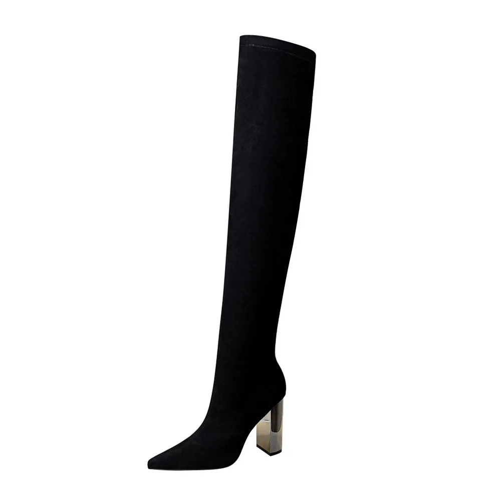 

2019 Women Over The Knee Suede Boots Block 9.5cm High Heels Long Thigh Boots combat Suede Boots Female Warm Knight Fall Shoes