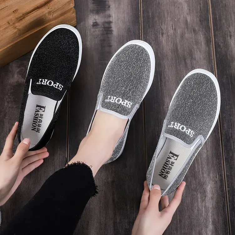 

2019 Spring And Summer New Style WOMEN'S Shoes Loafers Flat Students Canvas Shoes round-Toe Foot Covering WOMEN'S Shoes Sequin W