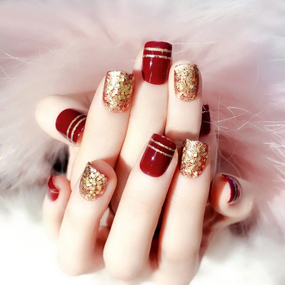 Новая мода винно-красные накладные ногти 24 шт короткая овальная форма, комплект шампанского блестки Декор искусственные Кончики ногтей с клеем, стикер