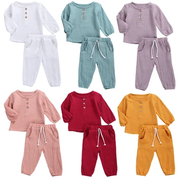 2020 0-5Y Infant Baby Cotton Linen Clothes Autumn New Boys Girls Button Long Sleeve T-shirt Top+Long Pants Solid 2pcs Outfits 1