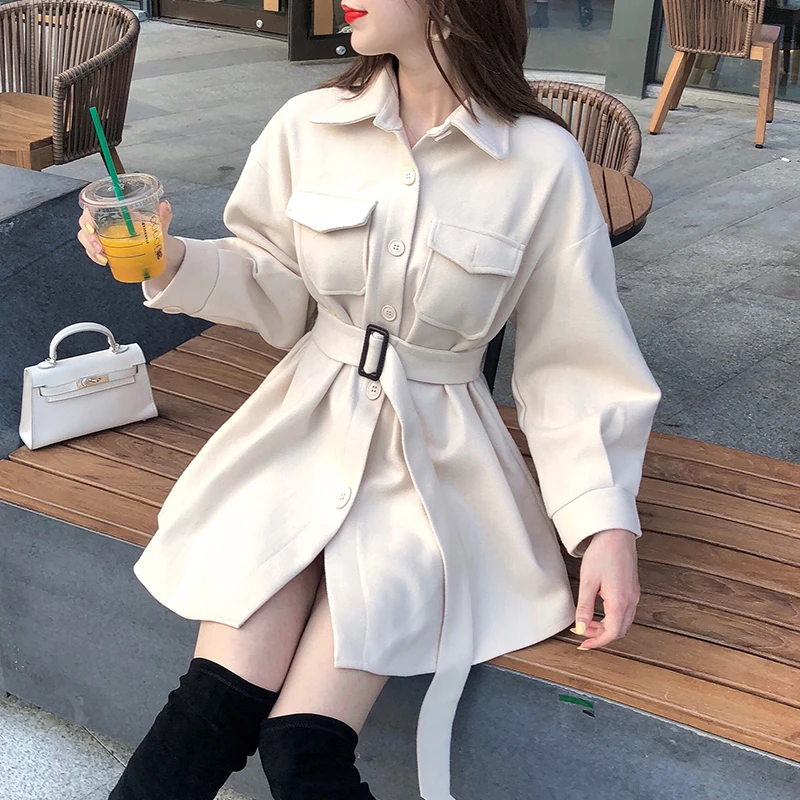 Ailegogo новые осенние женские винтажные Vogue однобортный ремень длинное шерстяное
