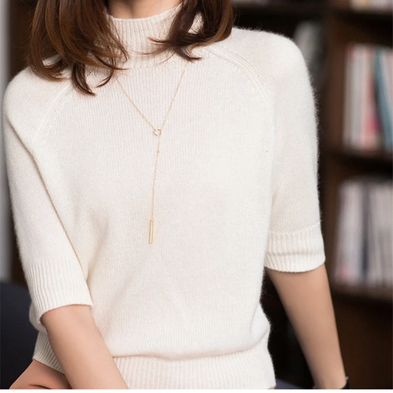 

BELIARST 2019 Spring and Autumn New Wool Short-sleeved Women's High-Neck Slim Pullover Short Knit Bottoming Sweater