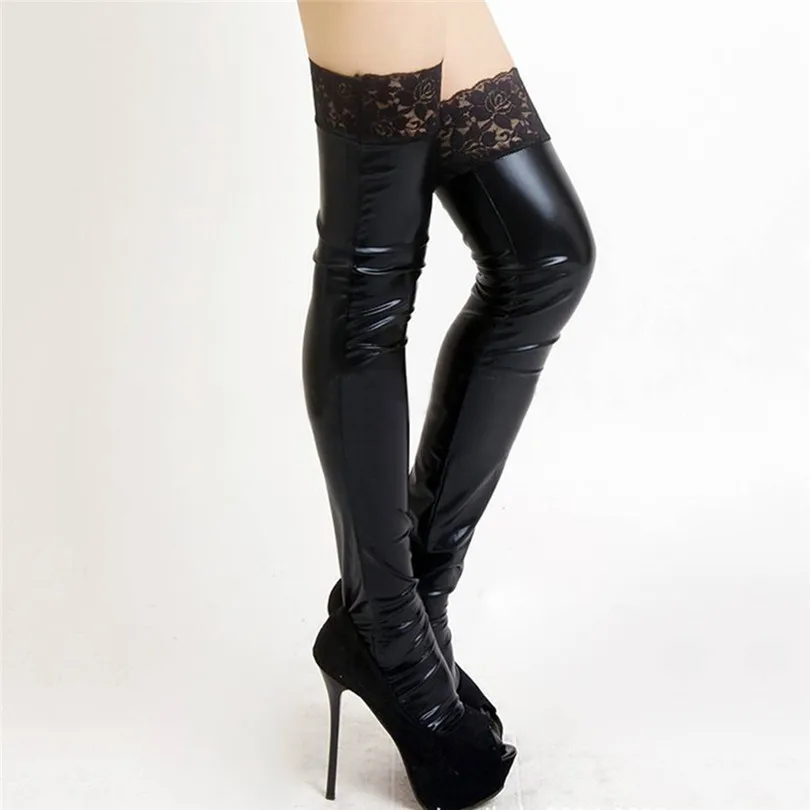Women Sexy Erotic Lingerie Patent Leather Lace Stockings Shiny Shape Stockings Soutien Gorge Sexy Erotique 30NOV1805