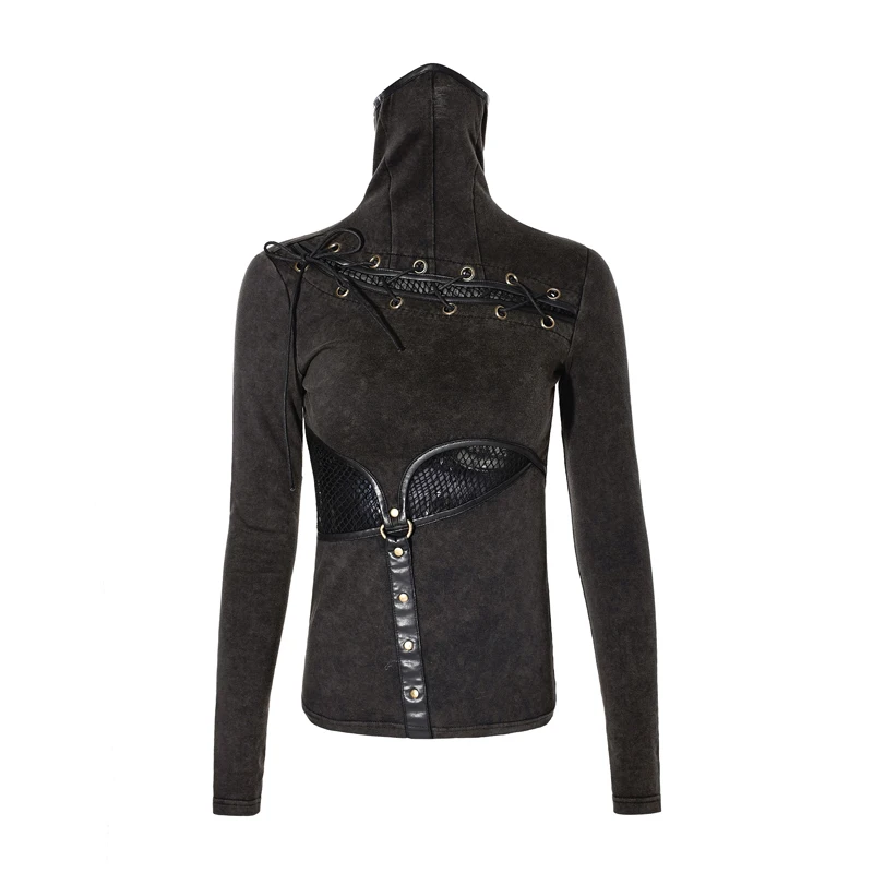 Black-Bronze T-432 Панк рейв стимпанк маска с высоким воротником женские футболки стрейчевая трикотажная строчка эластичная сетчатая ткань черные топы панк Рок тройники Готика - Цвет: Black-Bronze T-432