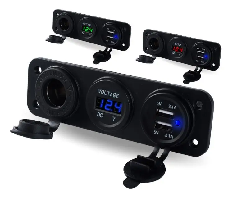 50pcs Car 3 In 1 12V Car Cigarette Lighter Socket LED Digital Voltmeter Waterproof 2.1A Dual USB Port Charger