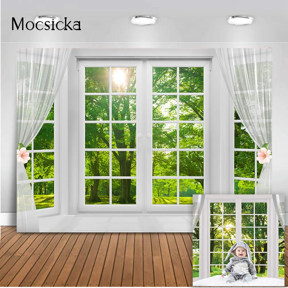 Spring Window Scenery Photography Backdrop White Windowsill Floral Green Forest Natural Photocall Background Wall Newborn Kids |