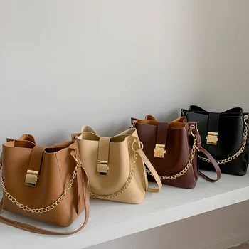 

Fashion PU Leather Women's Bucket Bag Luxury Retro Chain Messenger Bag Simple Shoulder Bag Casual Tote Bag
