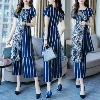 

L-5XL Summer Printed Striped Two Piece Sets Women Plus Size Short Sleeve Long Tops And Wide Leg Pants Suits Office Elegant Sets