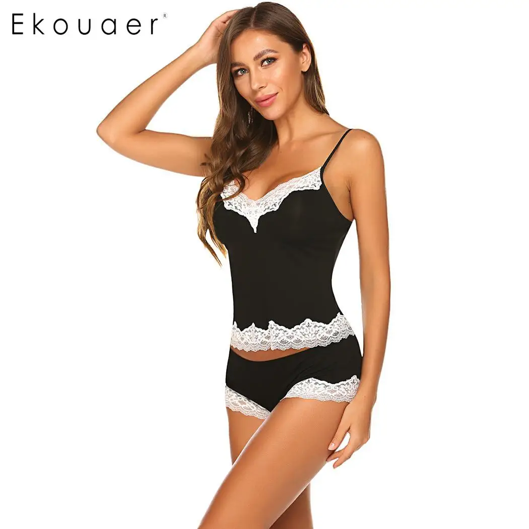 Ekouaer/женский летний пижамный комплект из двух предметов, короткое ночное белье, кружевные лоскутные топы на бретельках, шорты, сексуальное женское белье, Пижамный костюм