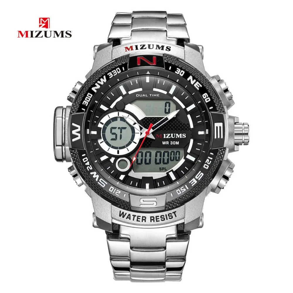 Relogio Masculino, MIZUMS, модные, мужские, светодиодный, спортивные, кварцевые часы, мужские, Роскошные, золотые, из нержавеющей стали, водонепроницаемые часы, мужские часы - Цвет: Silver