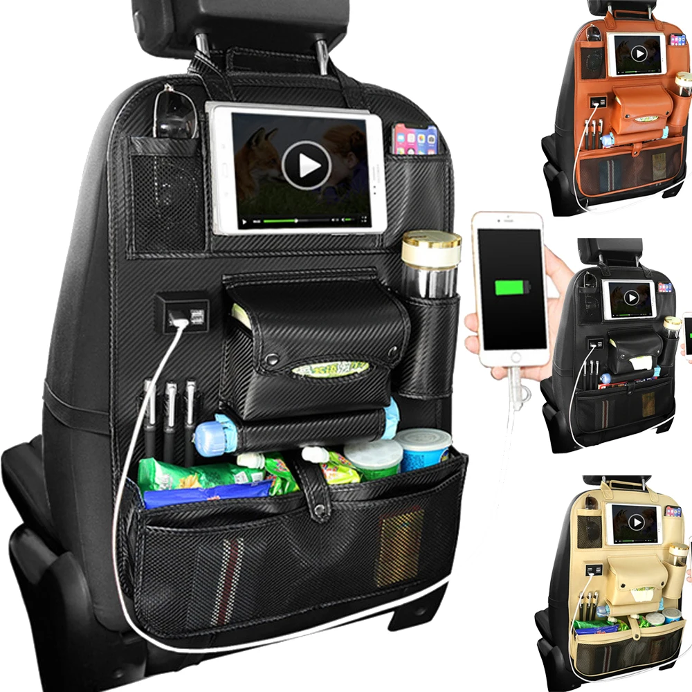 

Universal Car Seat Organizer Travel Pocket Storage 4USB Charging Port Auto Stowing Tidying Organizer Bag PU Leather