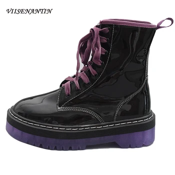 

Female British Style 2020 Autumn and Winter New Thick-soled Round Toe Lace-up Purple Boots Handsome Motorcycle Short Boots Women