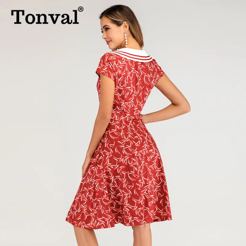 Tonval, контрастное, Полосатое, с бантом на шее, Узорчатое, красное, элегантное, свободное платье для женщин,, летнее, повседневное, с коротким рукавом, ТРАПЕЦИЕВИДНОЕ, винтажное платье