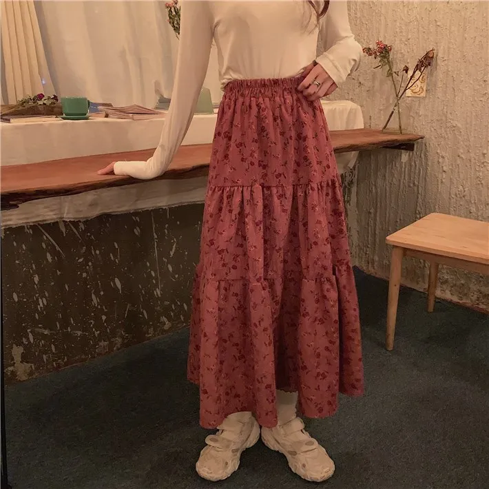 Raspberry red Новинка, юбка-трапеция, тонкая, свободная, Вельветовая, длинная, разбитая, красивая, Женская юбка - Цвет: Raspberry red