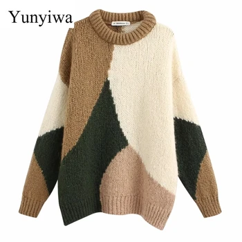 

New 2020 Women Vintage Color Matching Loose Knitting Sweater Female Basic Long Sleeve Casual Pullovers Chic Leisure Tops