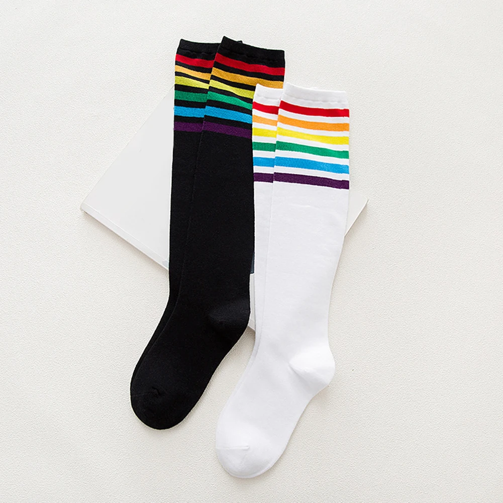 New 1 Pair Women Black White Leg Sock Autumn Winter Thigh High Socks Rainbow Stripe Wind Sport Socks Hosiery