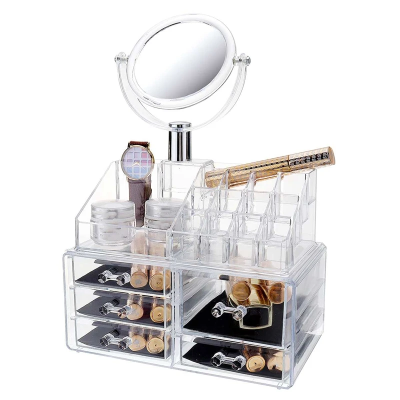 Large Mirror Clear Cosmetic Organizer Box Makeup Storage Drawer Desk Bathroom Makeup Brush Lipstick Holder