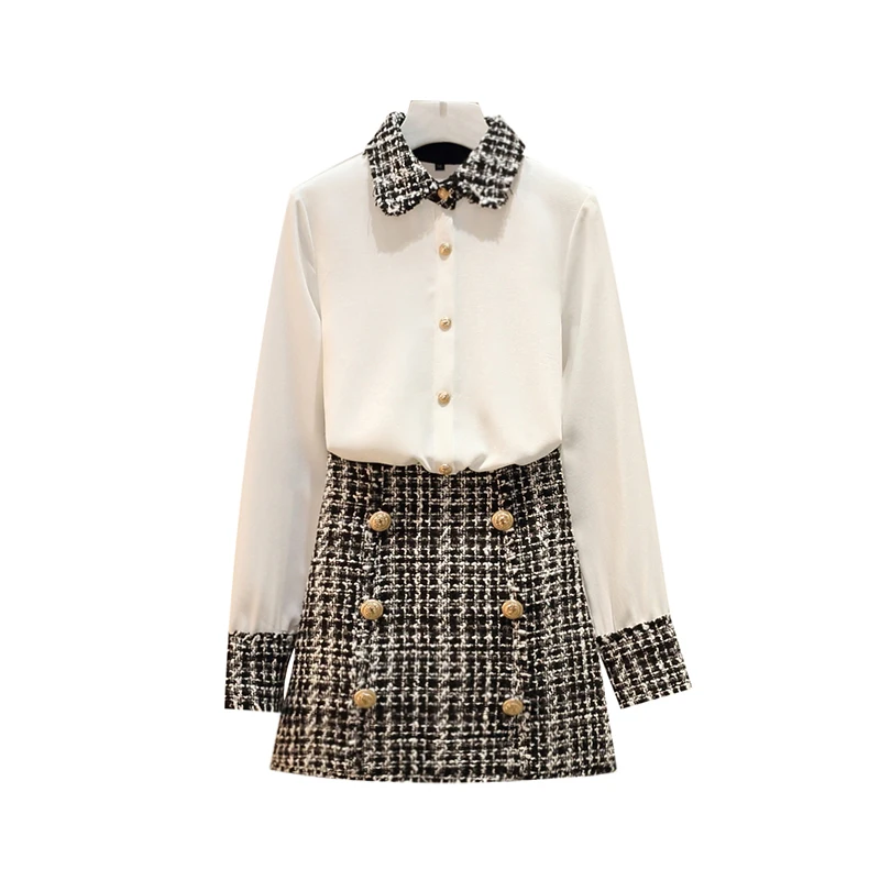 

Mozuleva Autumn Fashion Women 2 Piece Set White Chiffon Patchwork Tweed Tassel Shirt Top+Button Woolen Pencil Skirt Set Oversize