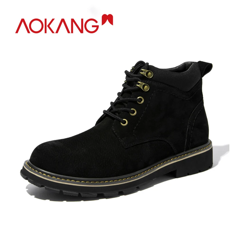 AOKANG Men's Boots Genuine Leather Warm Winter Shoes Casual Brand Snow Boots Brand Luxury Martin Ankle Boots Botas Men