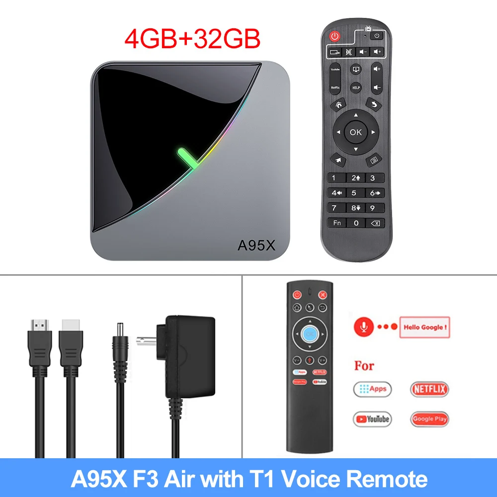 4G32G voice RC T1 A95X F3 воздуха RGB светильник ТВ Box Android 9,0 Amlogic S905X3 4 Гб 64 Гб оперативной памяти, 32 Гб встроенной памяти, Wi-Fi, USB3.0 1080P H.265 4K 60fps Media Player A95XF3 X3 - Color: 4G32G voice RC T1