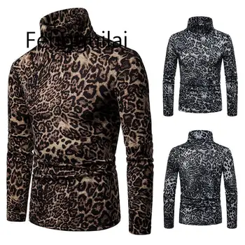 

Mens Leopard Print Pullover Turtleneck Sweater 2020 Autumn New High Colalr Sweaters Pullovers Men Casual Bottoming Sweater Male