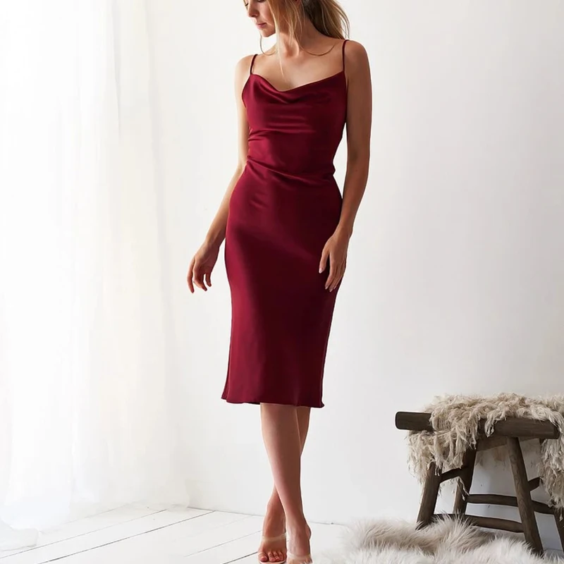 2020 spring and summer womens satin summer dress cross fold stretch sexy tights club dress robe vest brandy clothing vintage