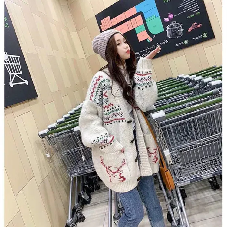 

New autumn/winter 2019 Christmas knitted cardigan women's loose temperament casual cartoon jacquard knitwear knit sweater women