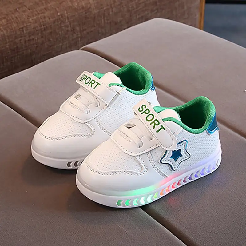 Children Casual Shoes Boys Girls Fashionable Star Print LED Light Net Breathable Soft Running Sports Walking Shoes
