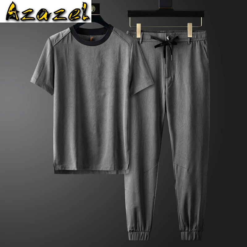 

Azazel Grey Summer Mens Sets (t-shirt+pants) Luxury Short Sleeve Casual Male Tracksuit Fashion Slim Fit Sport Man Sets 3XL