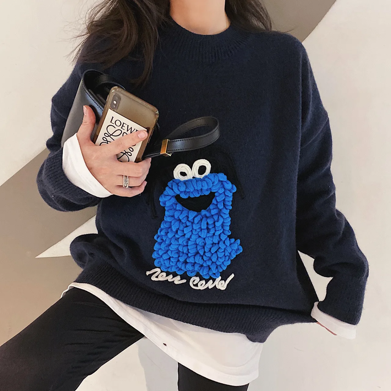 

Loose Jumper Out of 2020 Autumn Winter New Heavy Industry Three-dimensional Flower Cartoon Lazy Knitted Sweater Women
