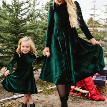 

Autumn Winter Mother Daughter Dresses Elegant Long Sleeve Gold Velvet Party Dresses Family Matching Mommy And Me Princess Dress