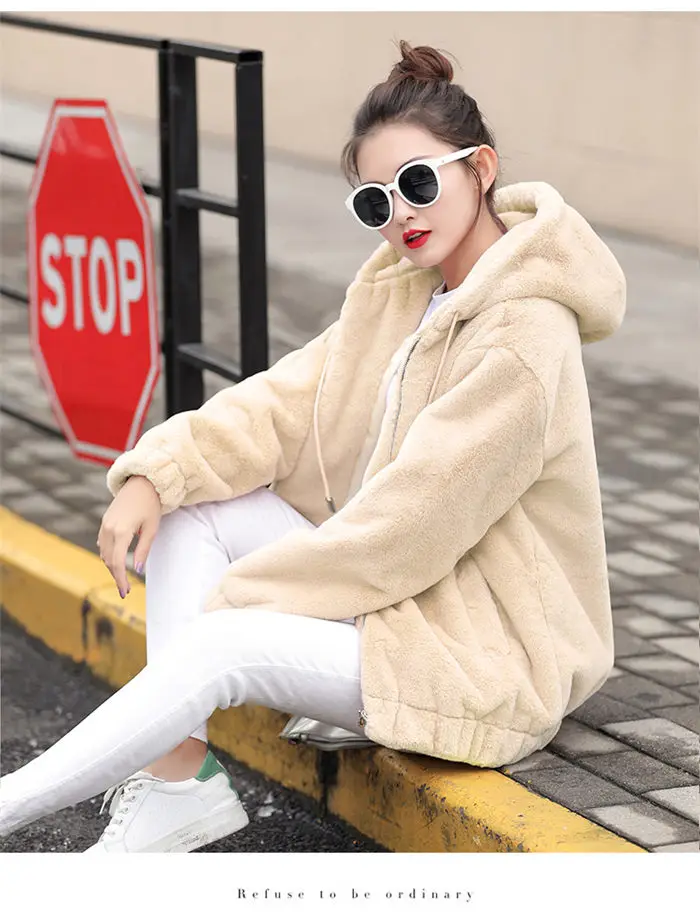 Faux Rex Rabbit Fur Coat Female Winter New Long Sleeve Korean Loose Plush Thick Hoodies Sweatshirt Jacket For Women f2084