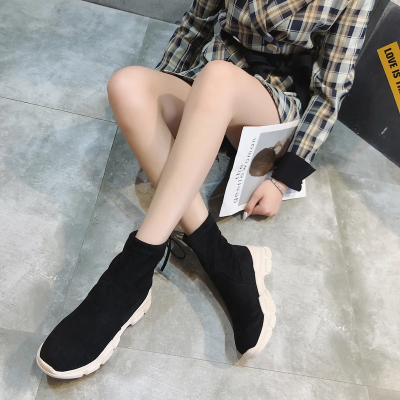 Bootee/женские осенние ботинки г. Брендовая женская обувь модные элегантные сапоги до середины икры на плоской подошве, с круглым носком, на шнуровке, на резиновой подошве