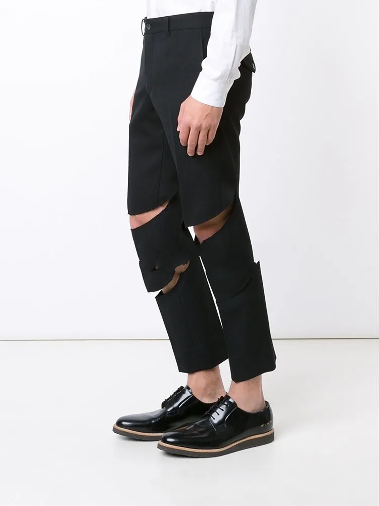 Spring and summer new men's fashion personality casual pants slim knee leg broken hole pants pure color youth pencil pants