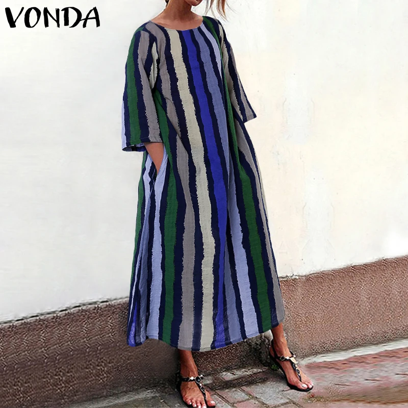 Длинное платье VONDA, женские длинные платья в полоску с круглым вырезом, женские винтажные богемные пляжные платья с рукавом 3/4 размера плюс, женское платье