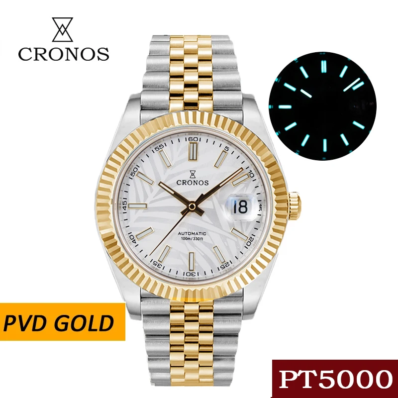 Роскошные мужские наручные часы Cronos с датой циферблат листьями браслет из