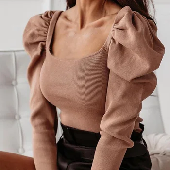 

Women Sexy Knitted Bodysuit Square Collar Puff Long Sleeve Slim Female Bodysuits Black 2020 Spring Summer Club Ladies Romper