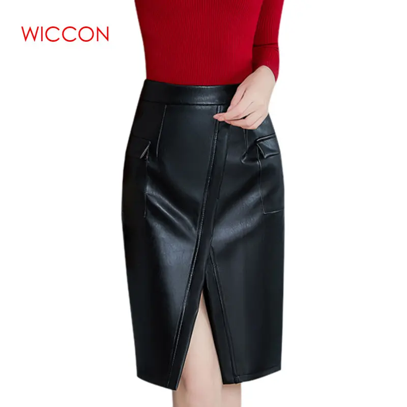 Black Leather Skirt Women Plus Size Midi PU Pencil Skirts Womens High Waist Office Leather Skirt Knee Length Female
