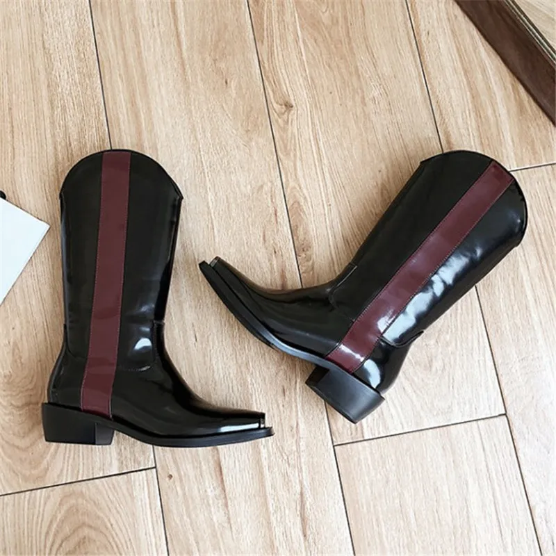 Autumn Spring Boots Woman Square Toe Slip On Med Square Heel Casual Bottes Black Genuine Leather Print Red Line Boots Woman