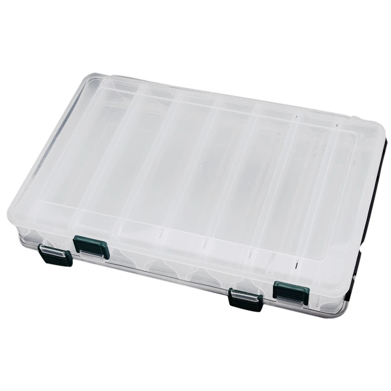 

27*18*4.7CM Double Sided High Strength Transparent Visible Plastic Fishing Lure Box 14 Compartments with Drain Hole Fishing Tack