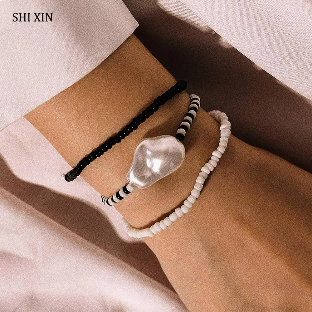 

SHIXIN 3Pcs Charms Baroque Pearl Bracelets for Women Fashion 2019 Small Beads Bracelets Set Chain Bracelets on Hand Jewelry Gift