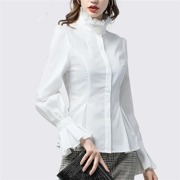 Офисная Женская белая рубашка водолазка с оборками хлопковый топ жемчуг бисером длинные расклешенные рукава плюс размер элегантная тонкая Рабочая одежда рубашки - Цвет: White