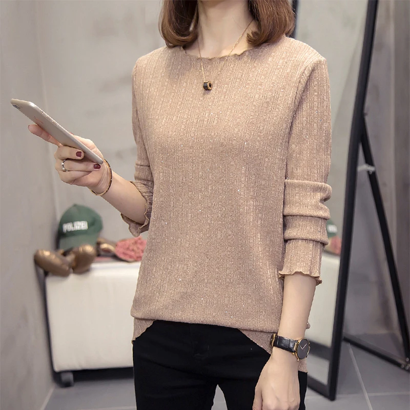 

Nkandby Plus Size Knitted Tops Women Autumn Winter Fashion Korean Shining Long Sleeve Tshirts Oversize Stretch Bottoming T-shirt