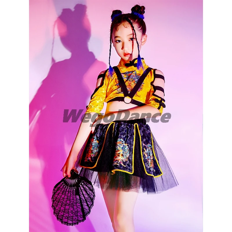 

New Hiphop Style Girl Wear Multicolor Chinese Style Jazz Costume Top And Skirt Set