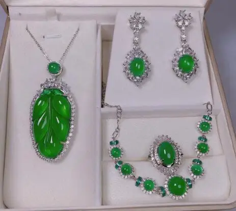 

jewelry 925 Silver natural good green leaf Chalcedony agate jade Crystal zircon necklace earring ring bracelet pendant set